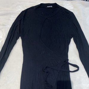 Asymmetrical black wrap midi dress